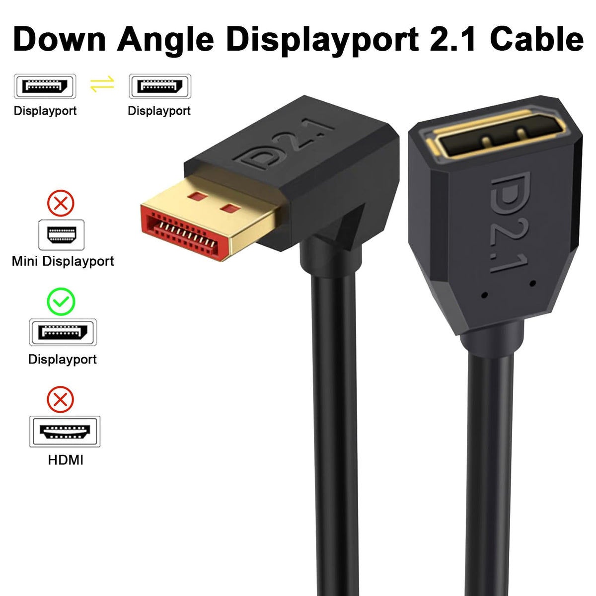 Poyiccot 1.5ft DP 2.1 cable with gold-plated connectors for optimal signal quality.