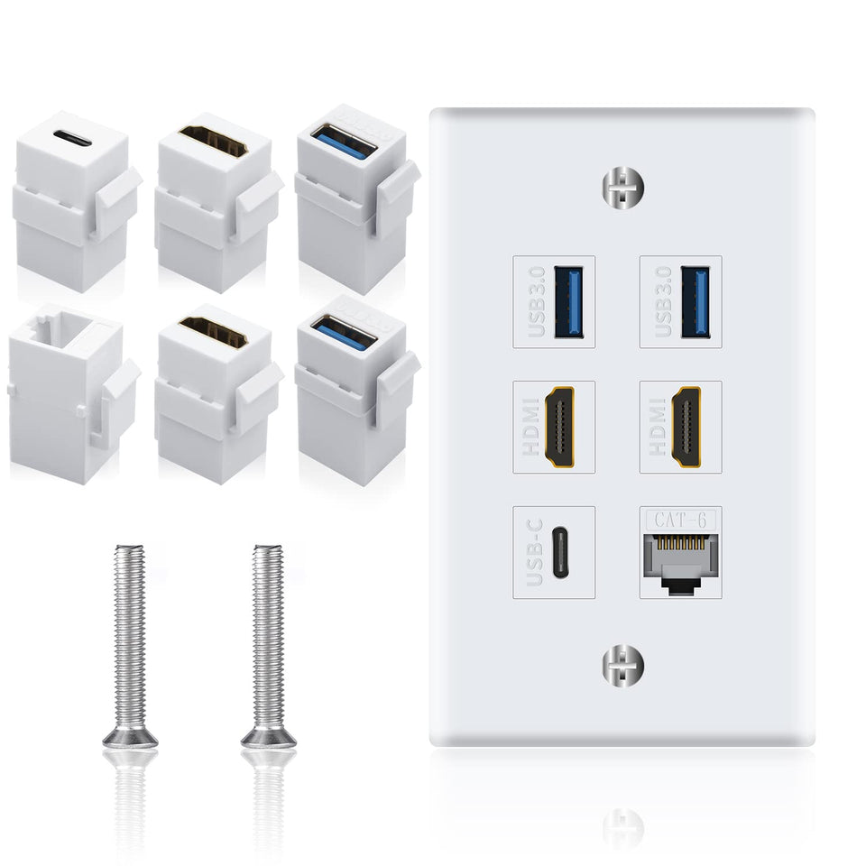 Poyiccot outlet wall plate with HDMI/ethernet/USB-C 6-port, clean cable management.