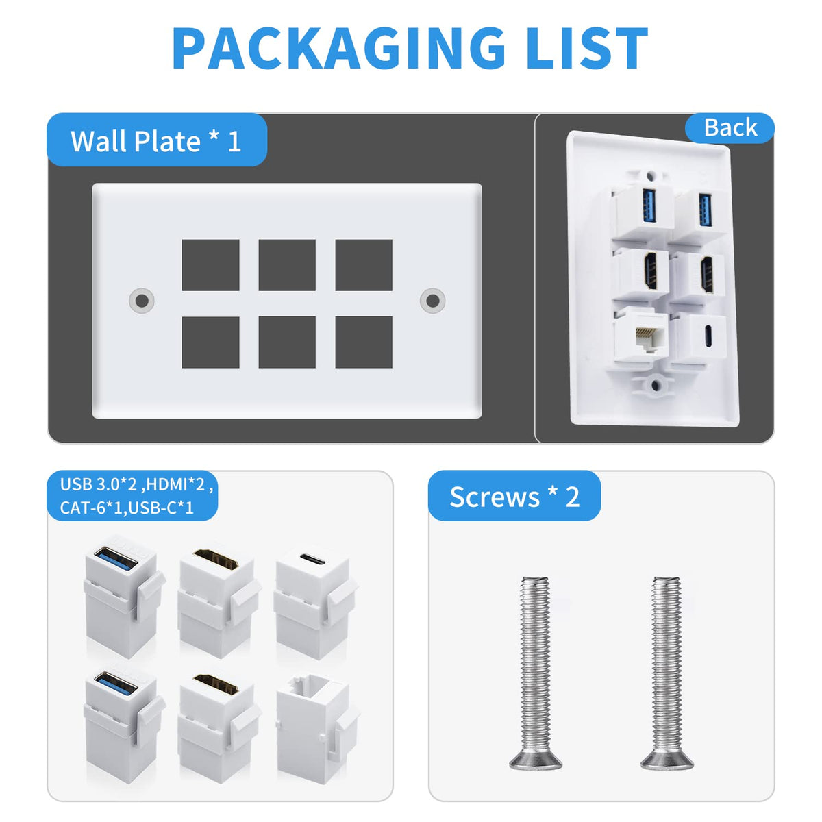 Poyiccot wall plate HDMI keystone front view enables quick AV connections.