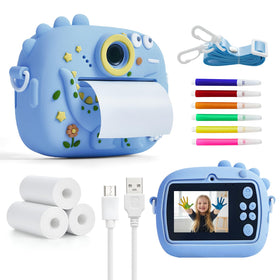 POZMTIORE kids camera with dinosaur shell; captures moments and prints memories instantly.