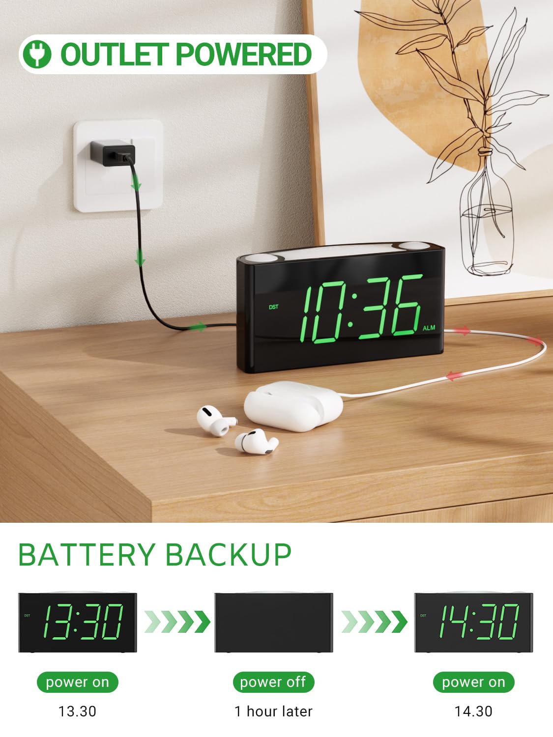PPLEE alarm clock 12/24 hour format and DST support for flexible time keeping