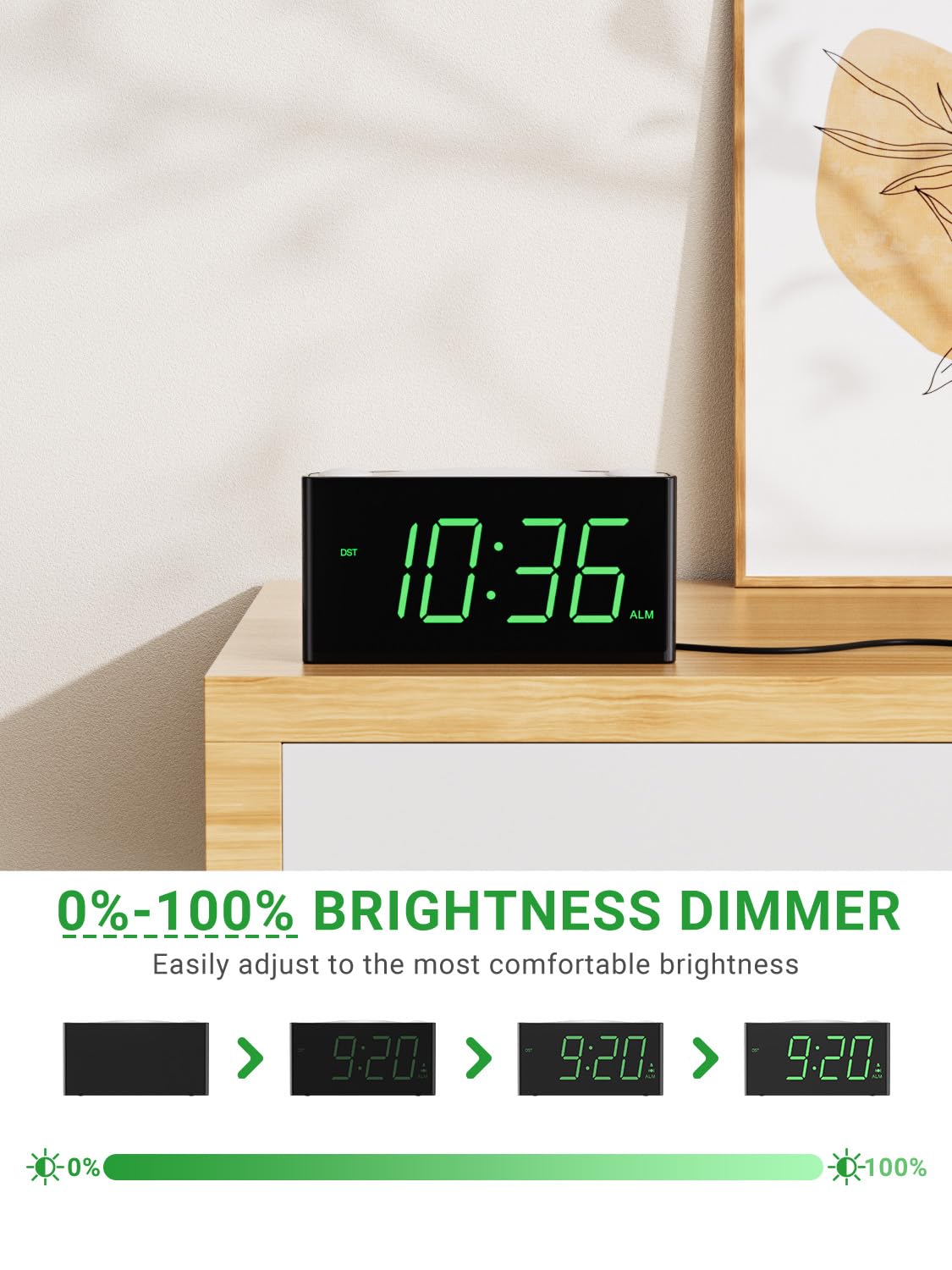 PPLEE alarm clock with USB Type-C charger for convenient bedside charging