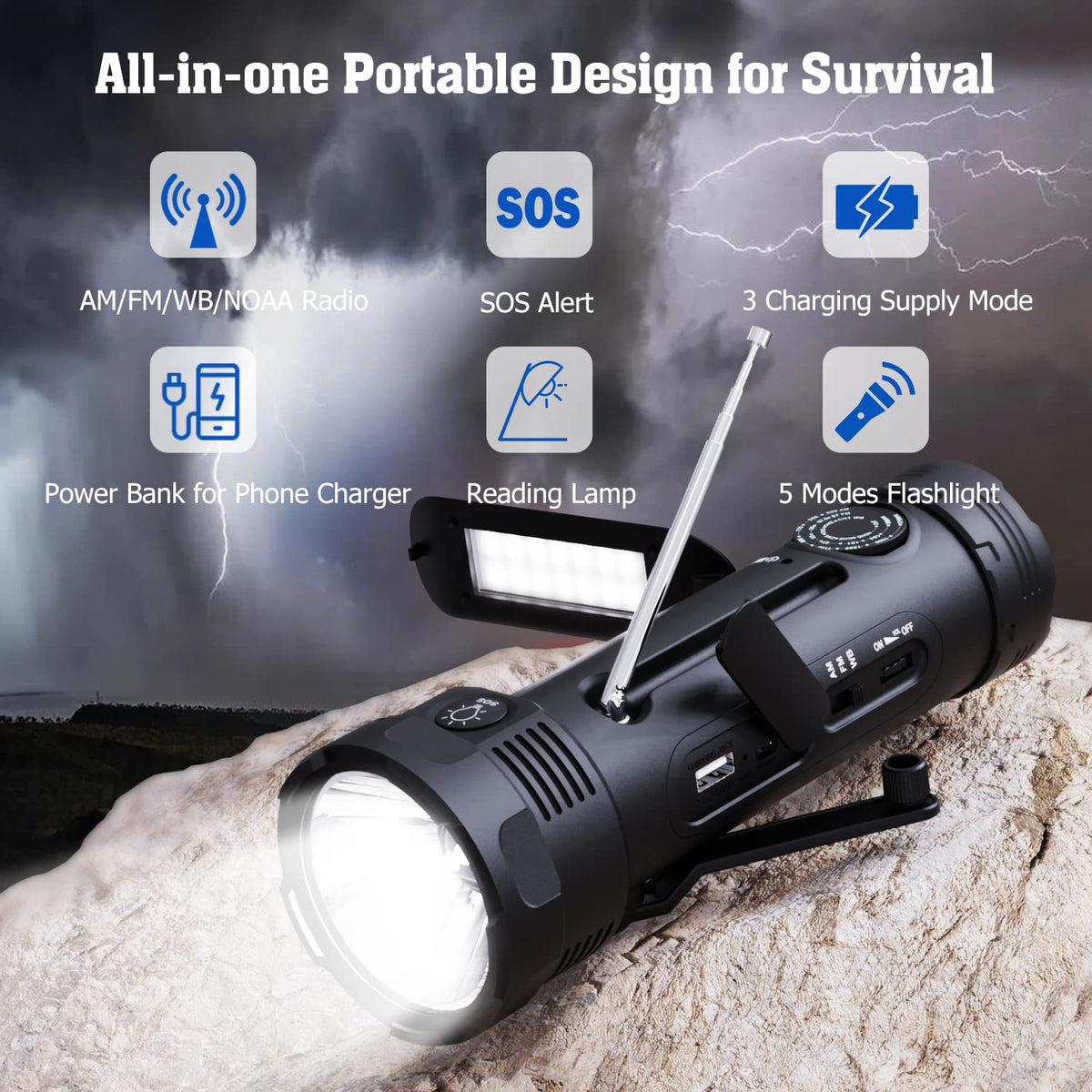 PPLEE emergency radio hand crank powers the device when electricity is unavailable.