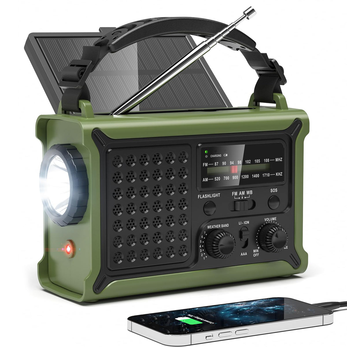 PPLEE front view showing NOAA radio and flashlight, provides rapid emergency alerts
