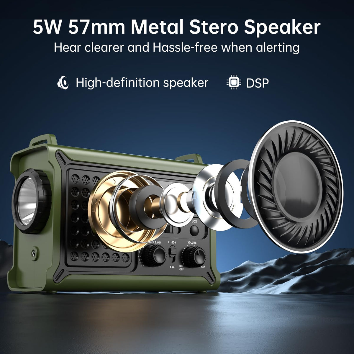 PPLEE speaker and tuning dial detail, delivers clear loud audio for alerts
