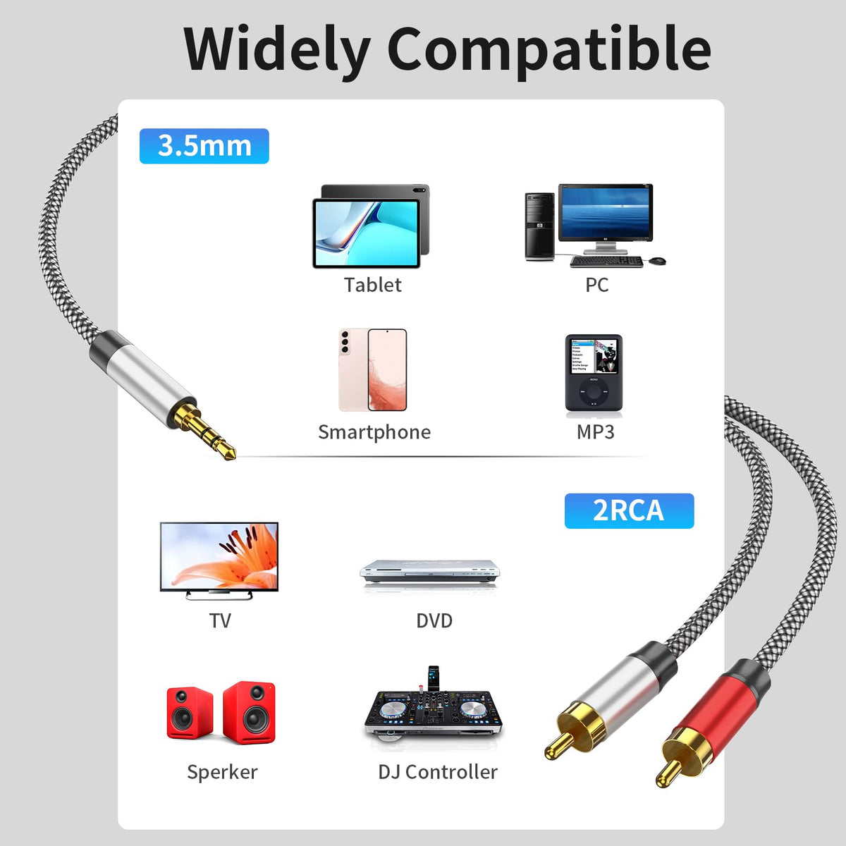PPTVC 3.5mm to 2 RCA cable close-up of gold-plated contacts and robust build.
