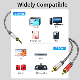 PPTVC 3.5mm to 2 RCA cable close-up of gold-plated contacts and robust build.