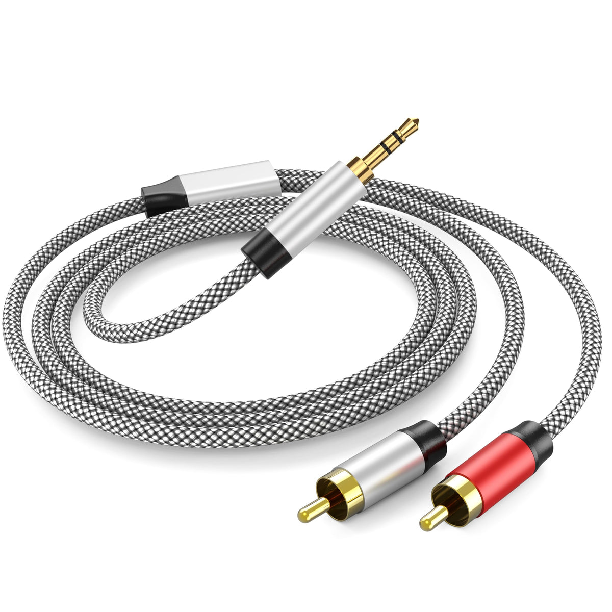 PPTVC 3.5mm to 2 RCA cable front view with compact connectors for easy setup.