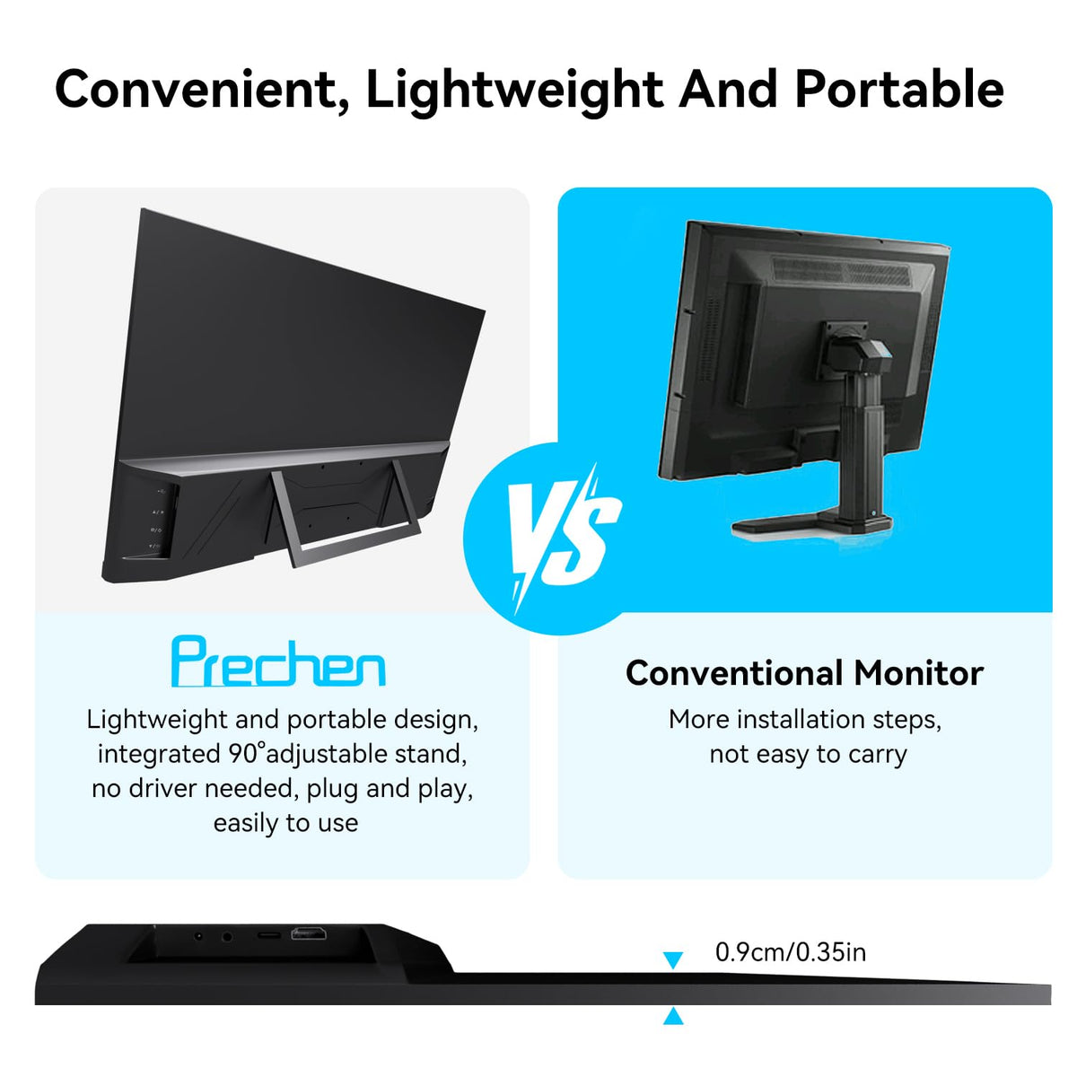 Prechen 23.8 inch monitor stand angle demonstrates flexible 90 degree tilt.
