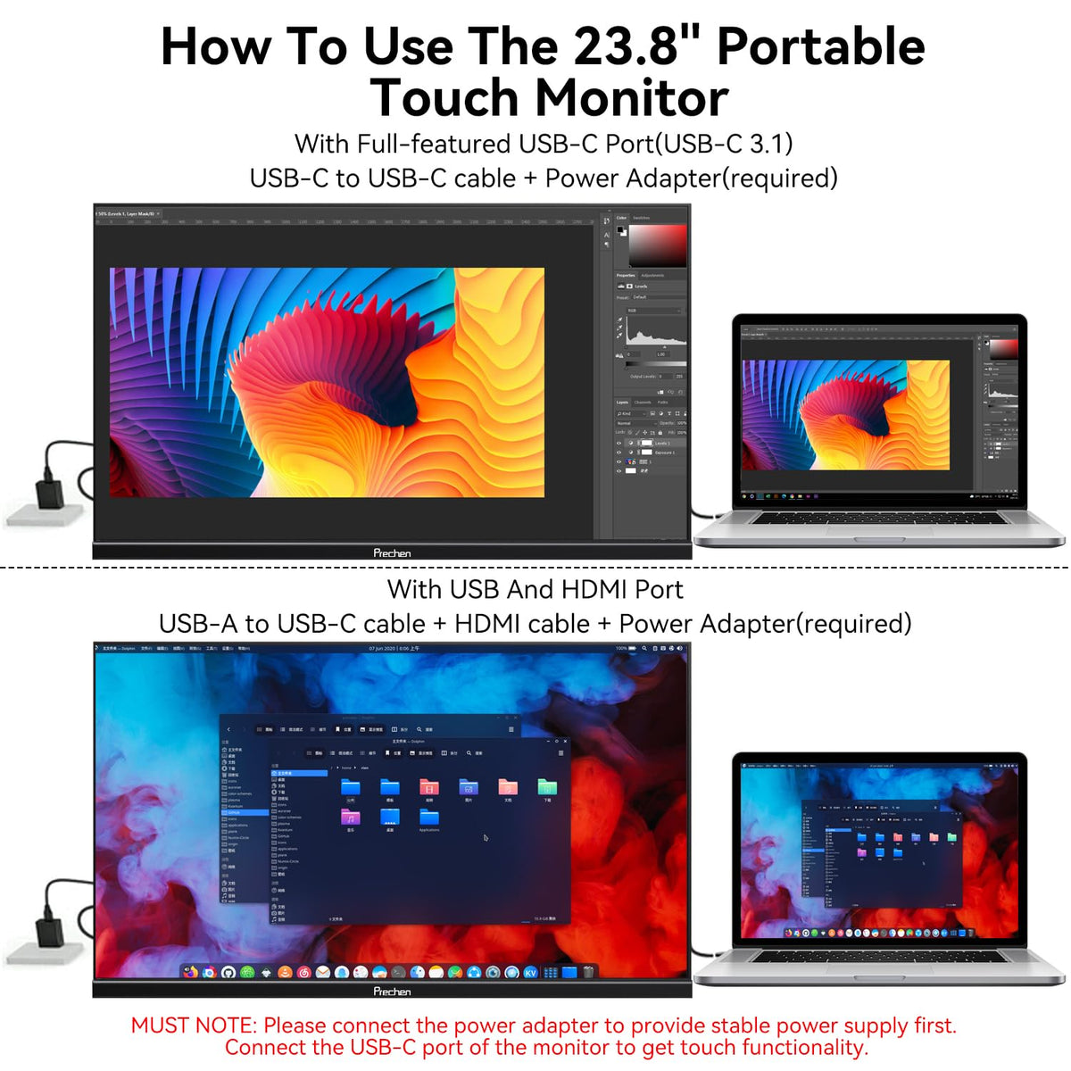 Prechen 23.8 inch monitor back ports shows USB C and HDMI connectivity options.