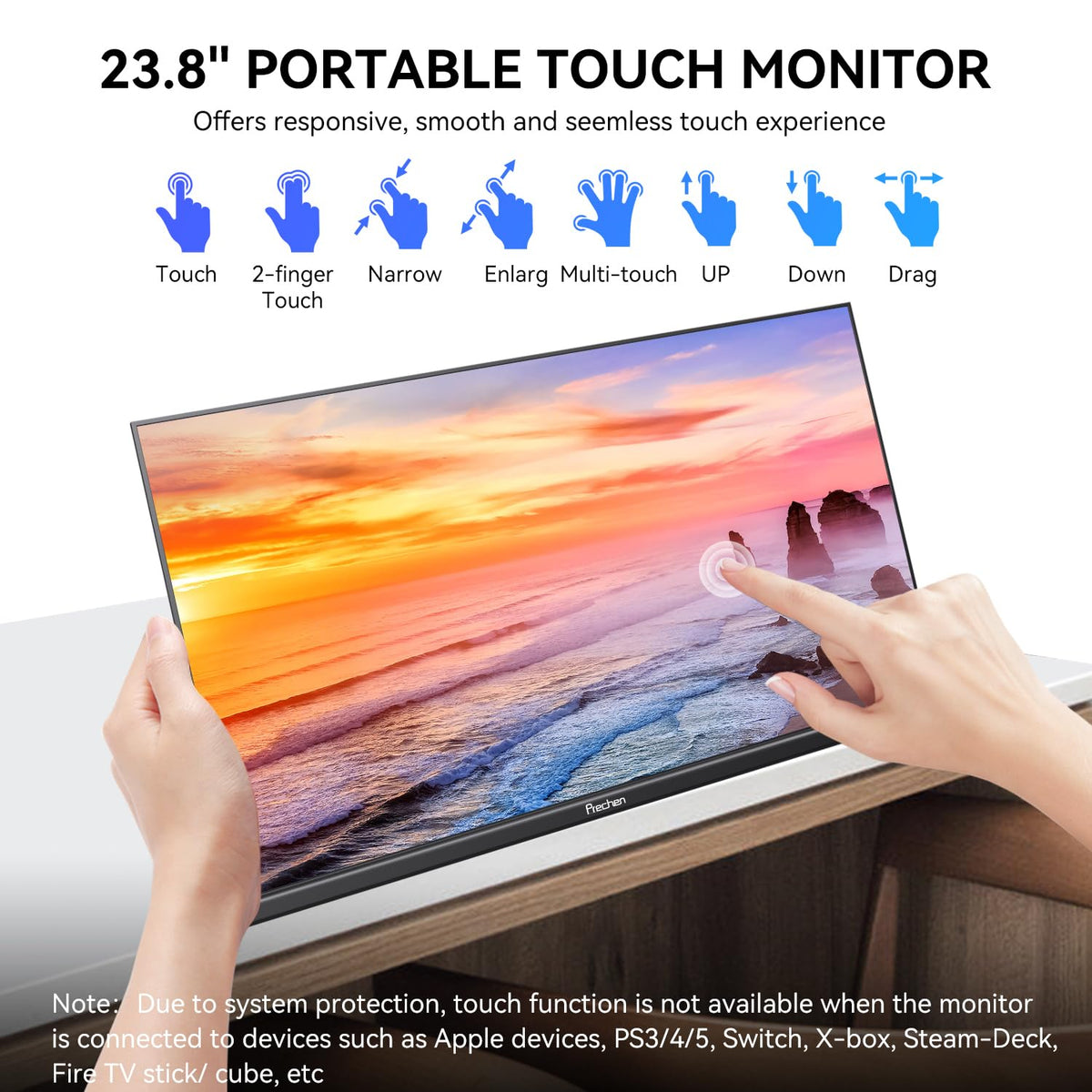 Prechen 23.8 inch monitor side profile highlights slim bezel and lightweight portability.