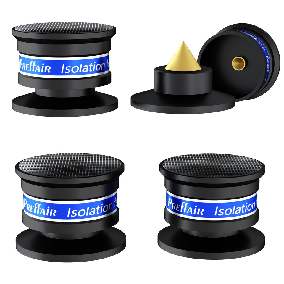 Preffair audiophile spike set under a loudspeaker for tighter bass and reduced resonance.