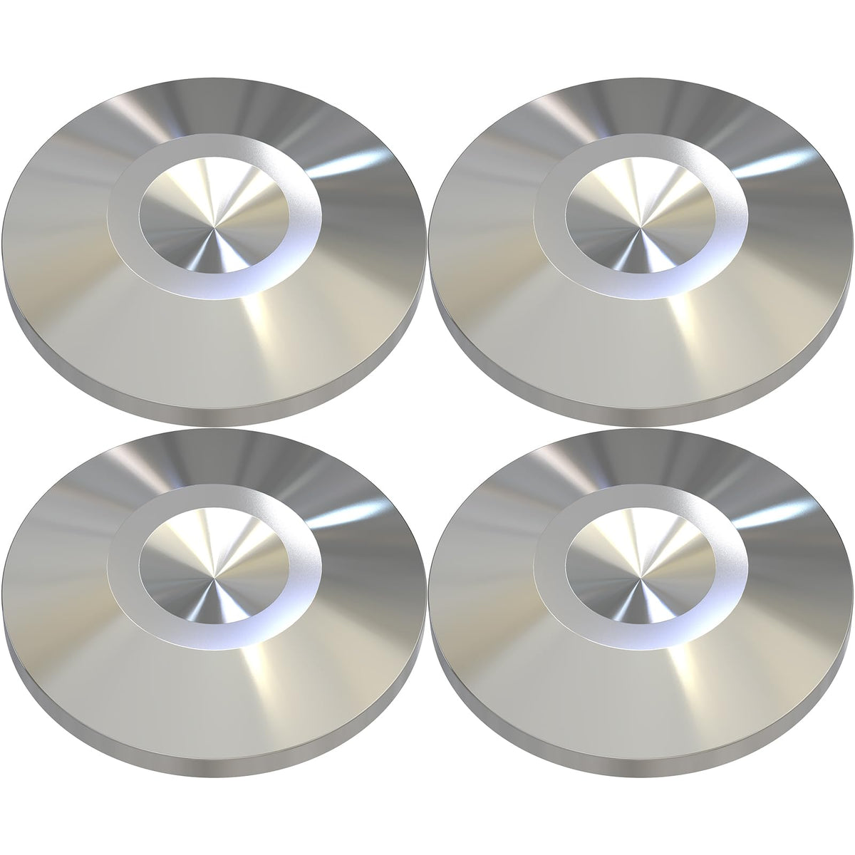 Preffair front view of four stainless steel speaker spike pads showing durable finish and compact size, improving stability