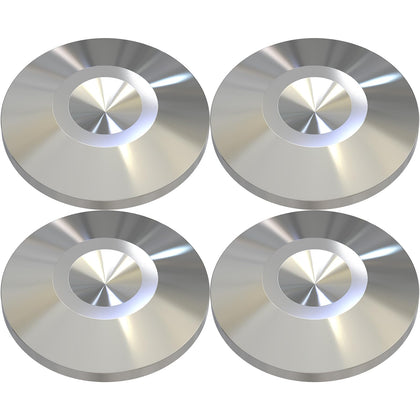 Preffair front view of four stainless steel speaker spike pads showing durable finish and compact size, improving stability