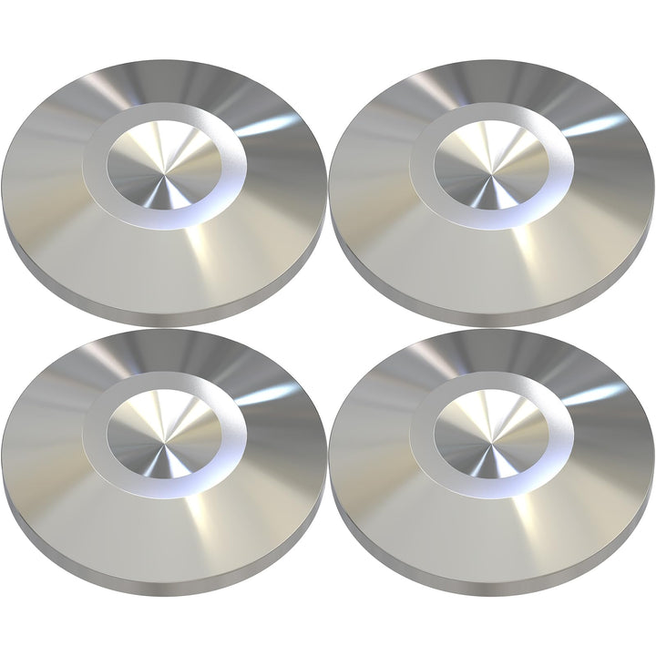 Preffair front view of four stainless steel speaker spike pads showing durable finish and compact size, improving stability