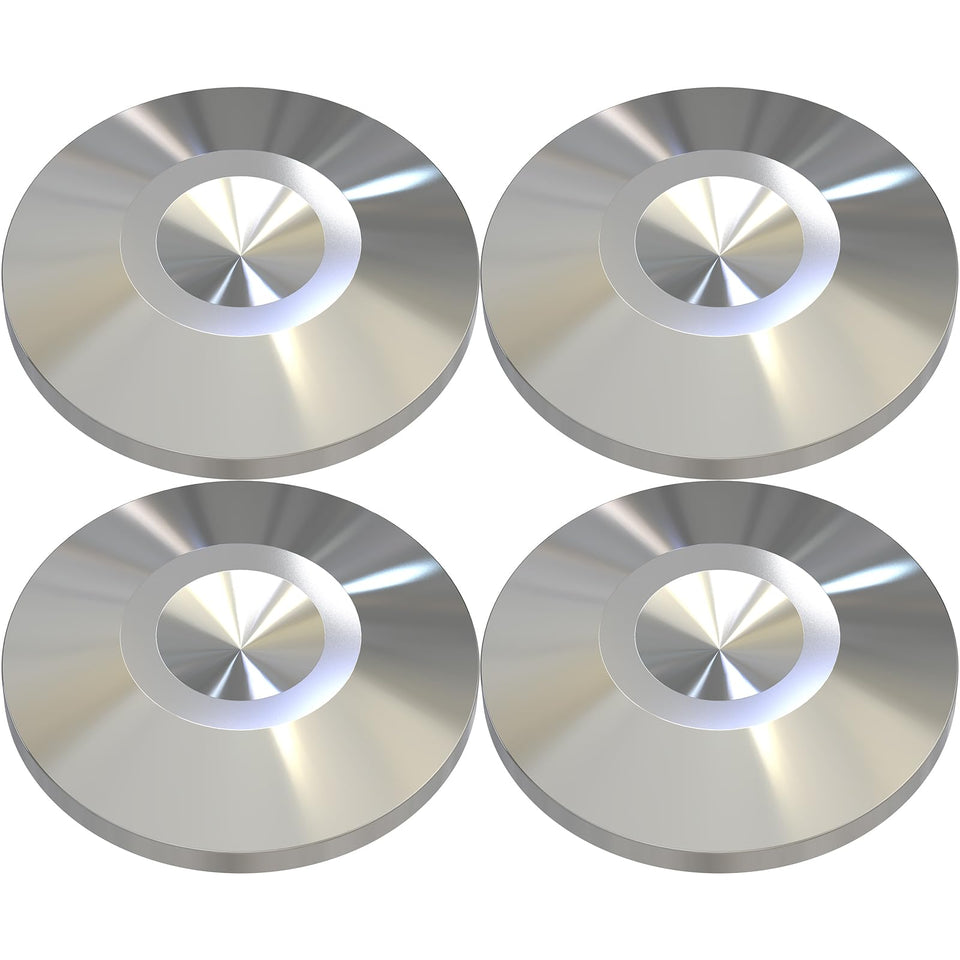 Preffair front view of four stainless steel speaker spike pads showing durable finish and compact size, improving stability