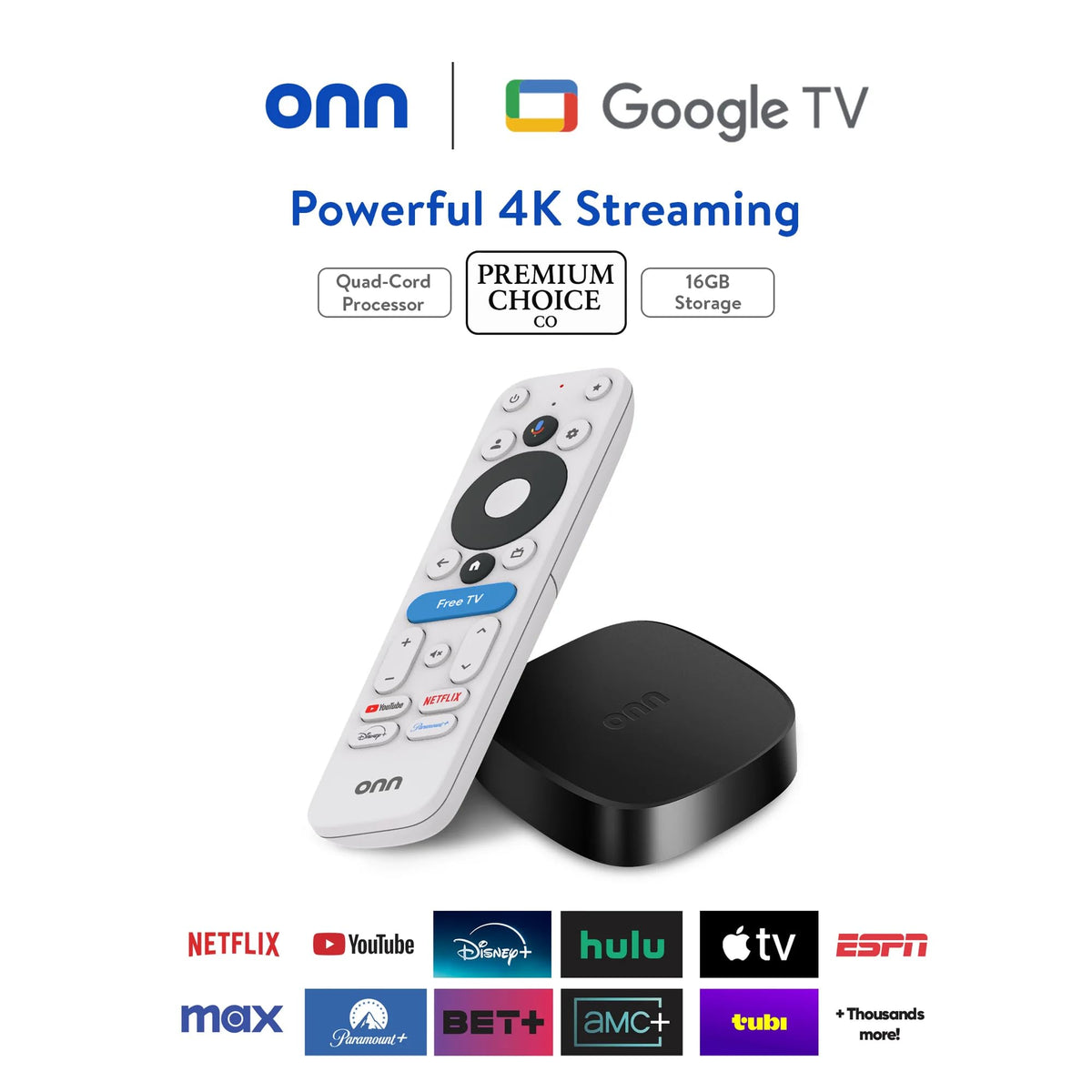 Premium Choice Co Onn 4K Plus voice remote with Google Assistant for easy search.