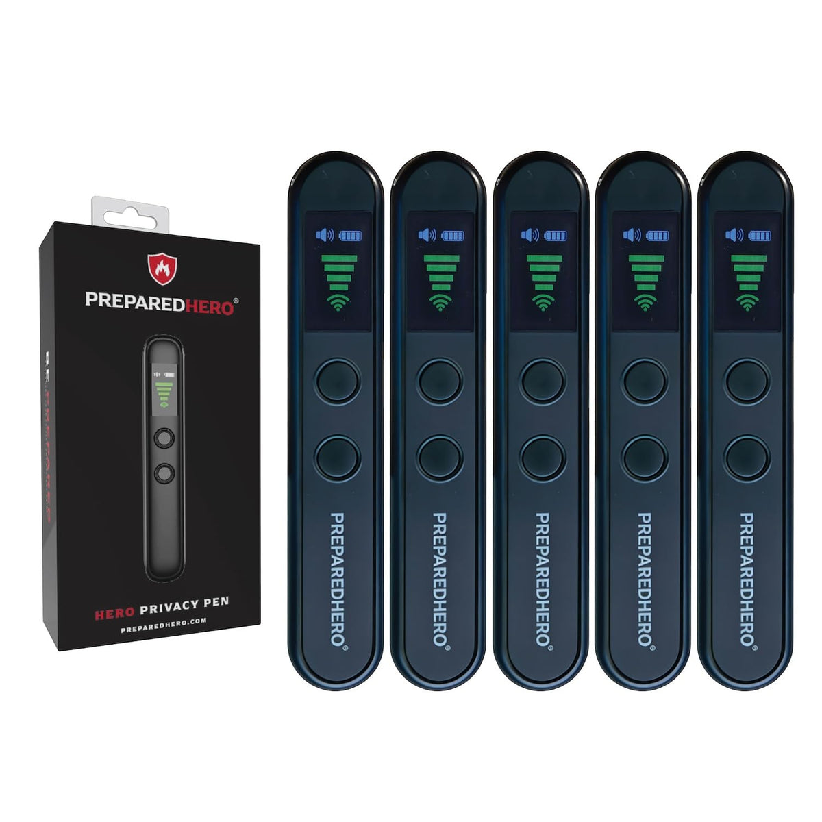 Prepared Hero Privacy Pen on a desk shows compact travel design for quick room checks.