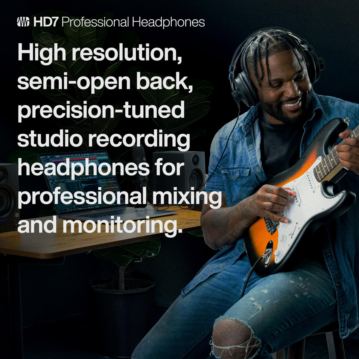 PreSonus HD7 driver detail shows high-resolution neodymium drivers for clean sound.