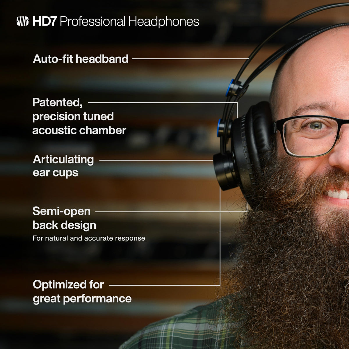 PreSonus HD7 ergonomic design with auto-fit headband for long sessions.