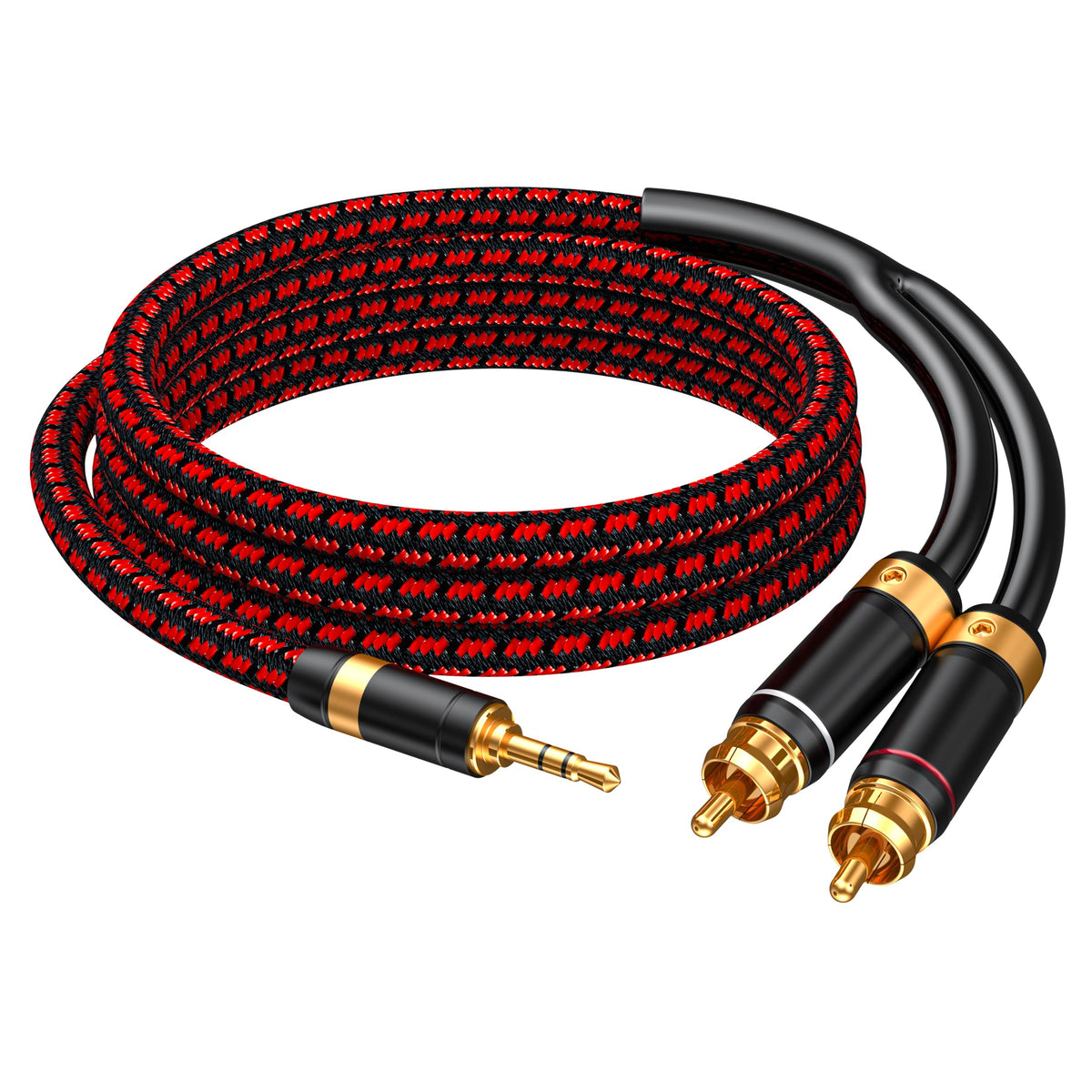 Primeda 3.5mm to 2RCA cable straight connector close-up for clean stereo signal
