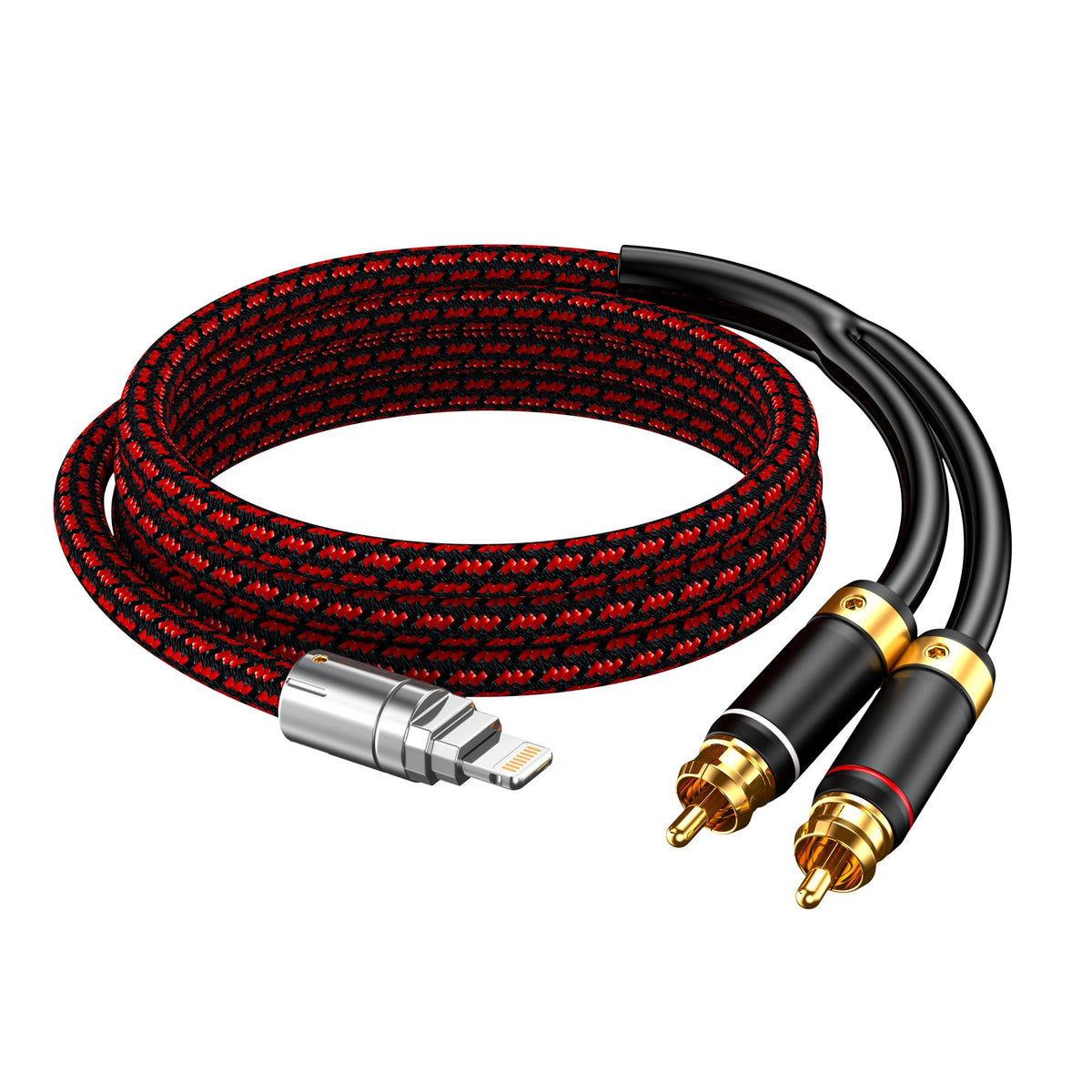 Primeda front view showing Lightning to RCA adapter and packaging for reliable connection