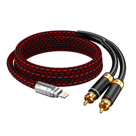Primeda front view showing Lightning to RCA adapter and packaging for reliable connection