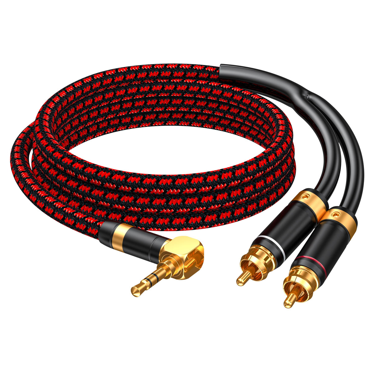Primeda right-angle 3.5mm to 2 RCA cable connects smartphone to stereo with minimal signal loss.