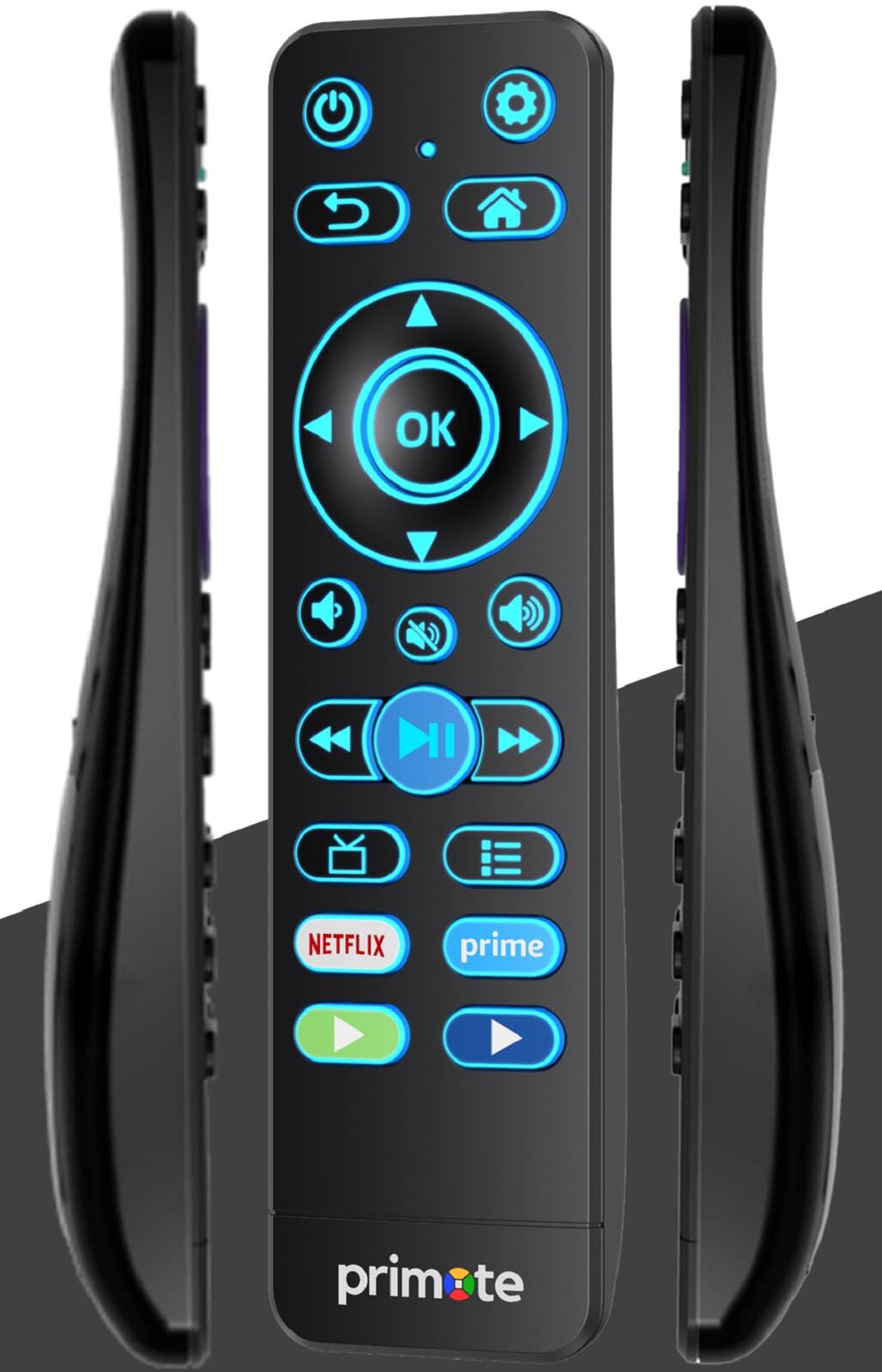 primote front view showing layout and clear labels, easy replacement remote