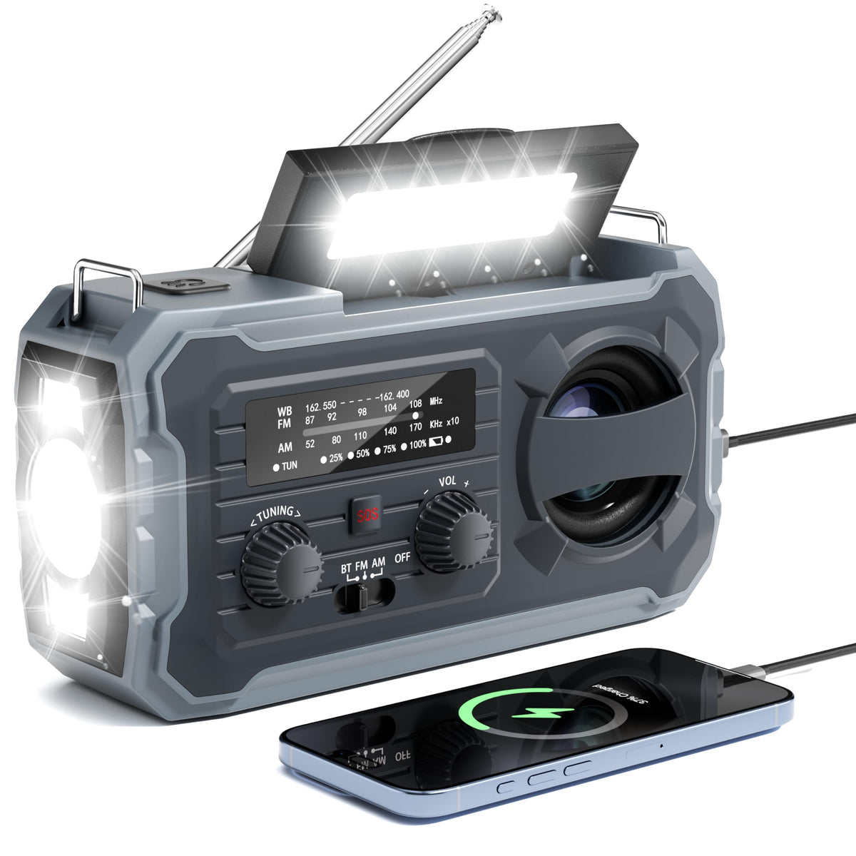 Pristar in a camping scene providing weather updates and emergency light