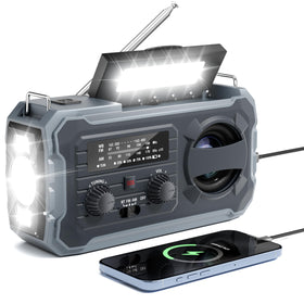Pristar in a camping scene providing weather updates and emergency light