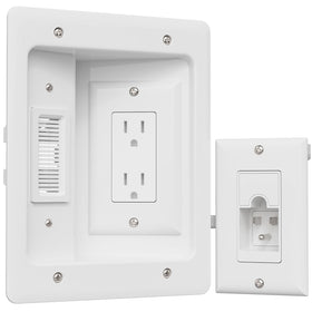 PRLF TV cord hider dual outlet module keeps power tidy behind wall-mounted TVs.