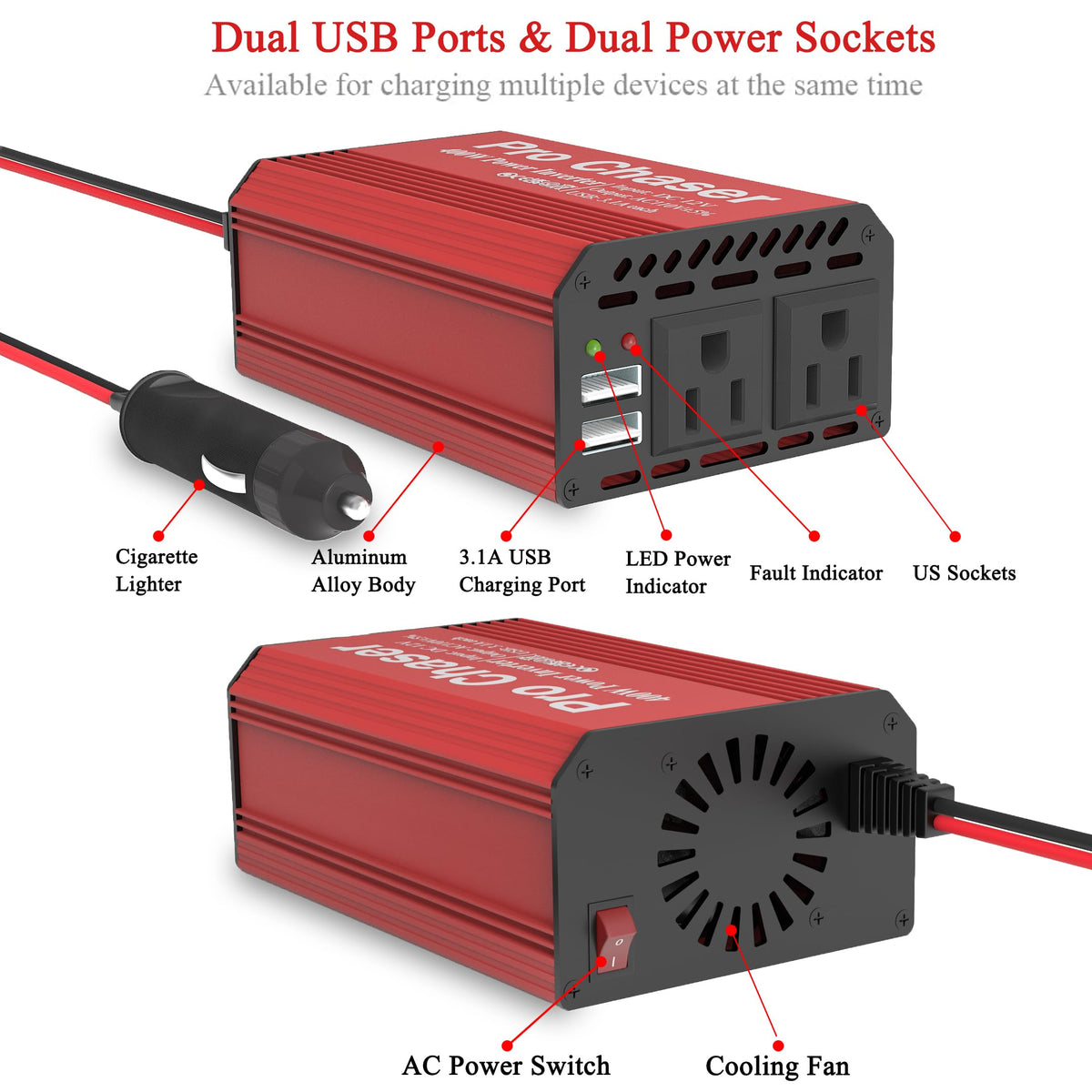 Close look at Pro Chaser 400W USB ports and outlets for devices