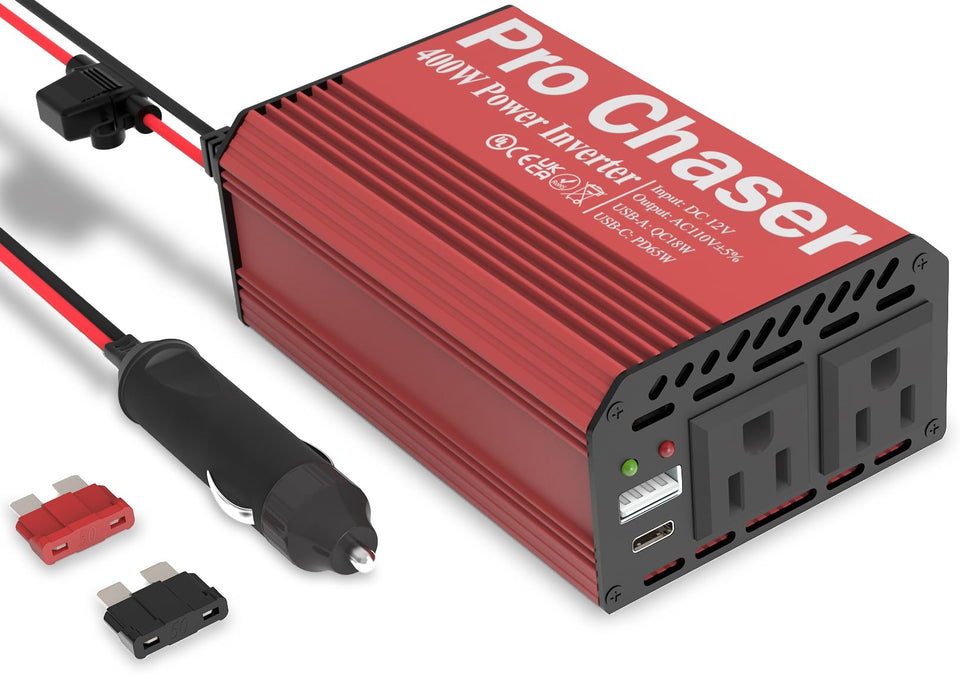 Pro Chaser front panel showing twin AC outlets and ports for reliable power