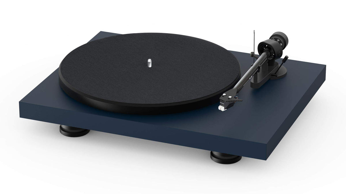 Pro-Ject Debut Carbon EVO blue, front view, stylish room-ready setup.