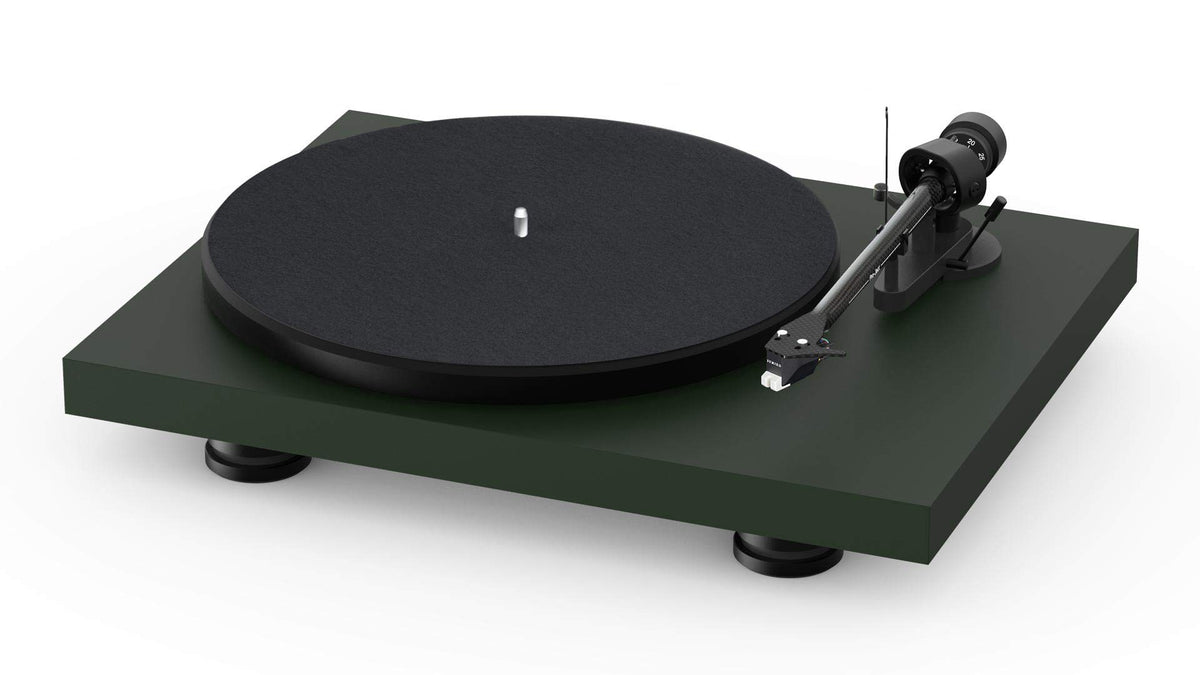 Pro-Ject Debut Carbon EVO green turntable front view for an elegant vinyl setup.