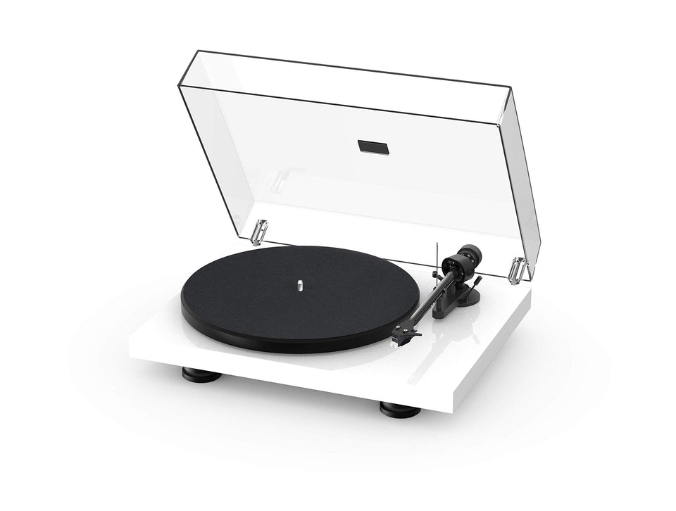Pro-Ject Debut Carbon EVO turntable in gloss white, top view for stylish setup.