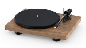 Pro-Ject Debut Carbon EVO walnut top view showing the sturdy plinth