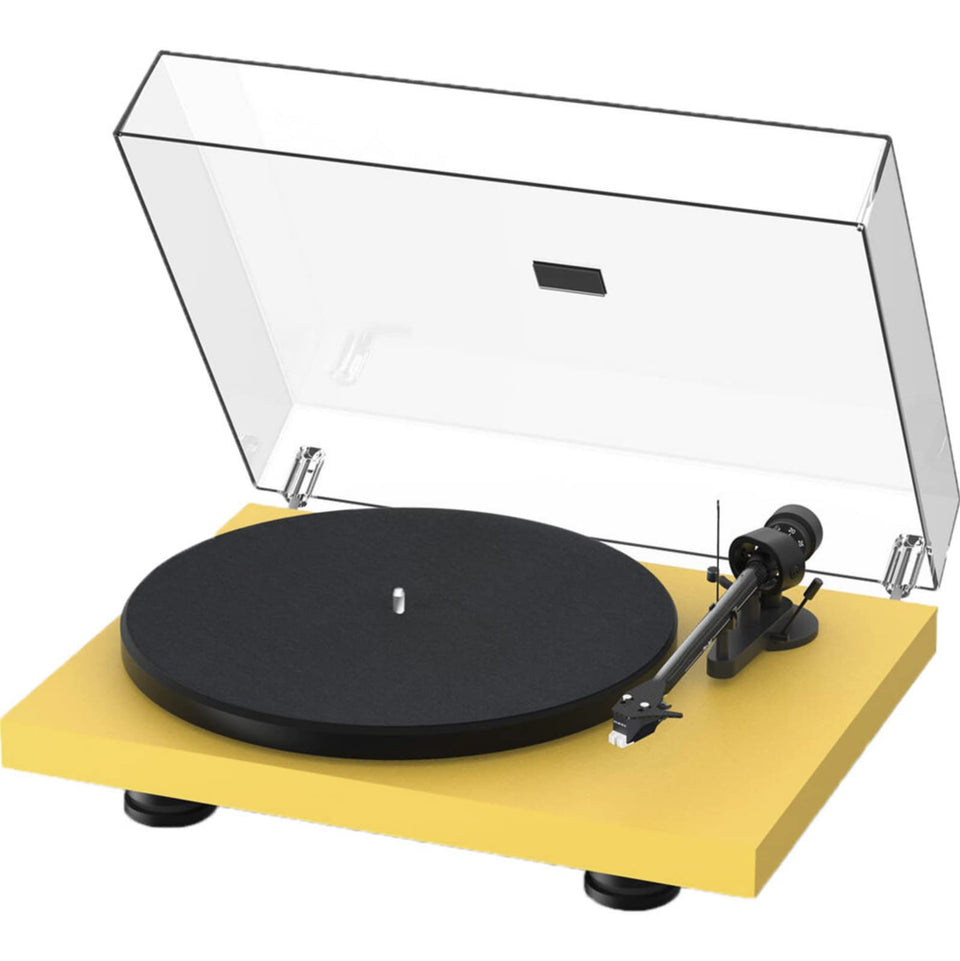 Pro-Ject Debut Carbon EVO Yellow side view highlights elegant belt-drive for rich vinyl playback.