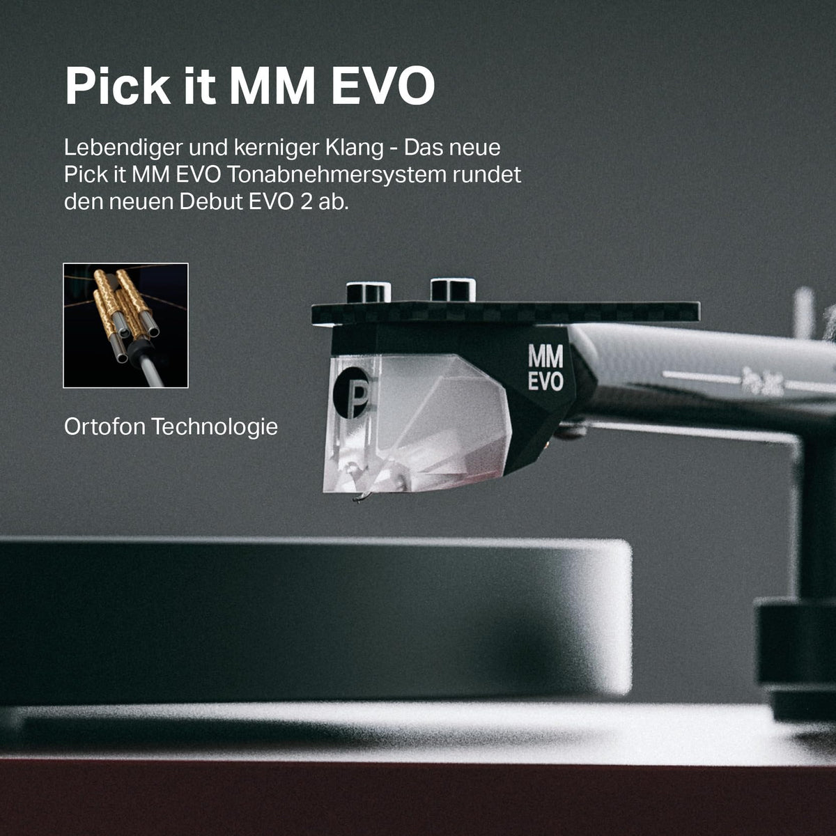 Pro-Ject Debut EVO 2 platter close-up highlights anti-magnetic die-cast aluminum stability.