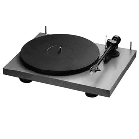 Pro-Ject Debut EVO 2 turntable front view on satin window gray, delivering precise playback and stylish design
