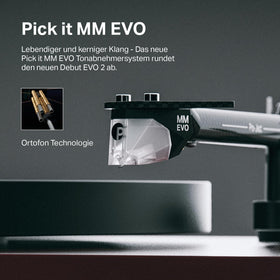 Pro-Ject Debut EVO 2 Pick it EVO cartridge close-up emphasizes detailed sound reproduction.
