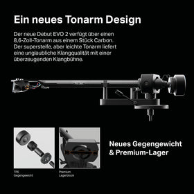 Pro-Ject Debut EVO 2 tonearm close-up showcases precision engineering for stable playback.