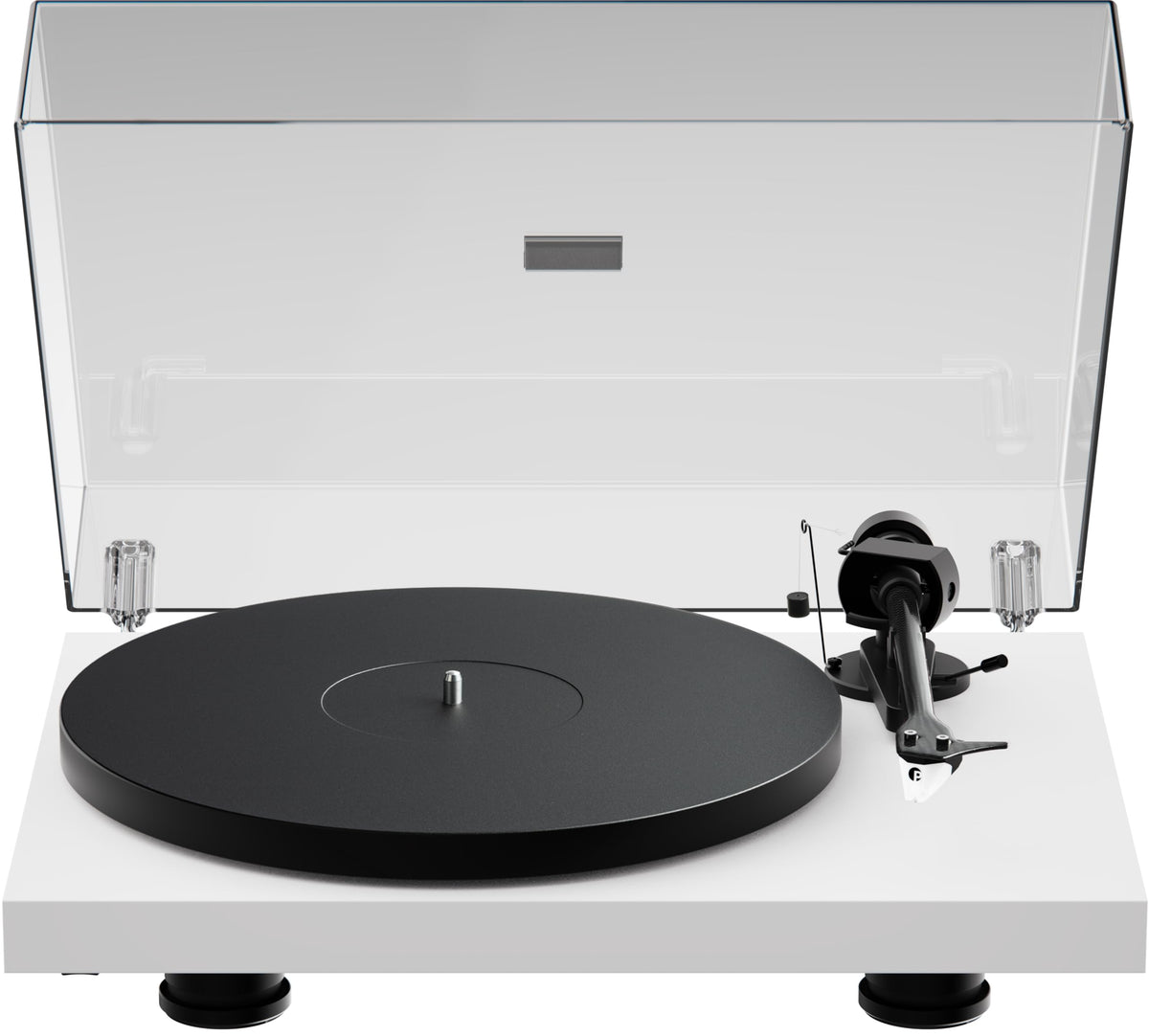 Pro-Ject Debut EVO 2 turntable satin white top view highlights premium design and effortless setup.