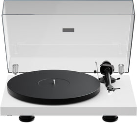 Pro-Ject Debut EVO 2 turntable satin white top view highlights premium design and effortless setup.