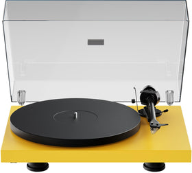Pro-Ject Debut EVO 2 Satin Yellow top view highlights clean, minimal silhouette.