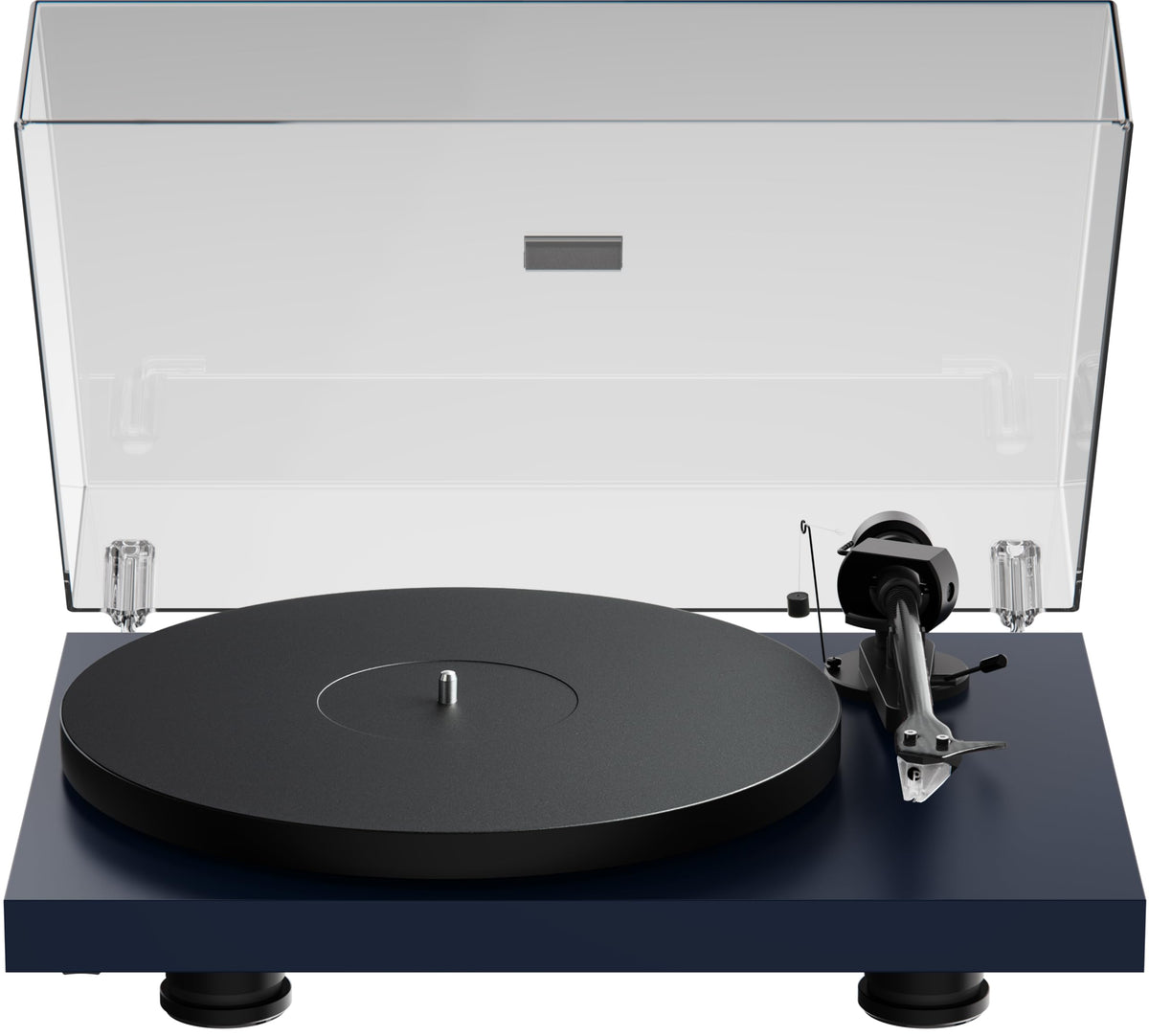 Pro-Ject Debut EVO 2 turntable top view in satin steel blue enables rich vinyl playback.