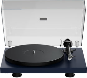Pro-Ject Debut EVO 2 turntable top view in satin steel blue enables rich vinyl playback.