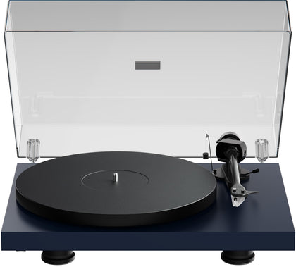 Pro-Ject Debut EVO 2 turntable top view in satin steel blue enables rich vinyl playback.