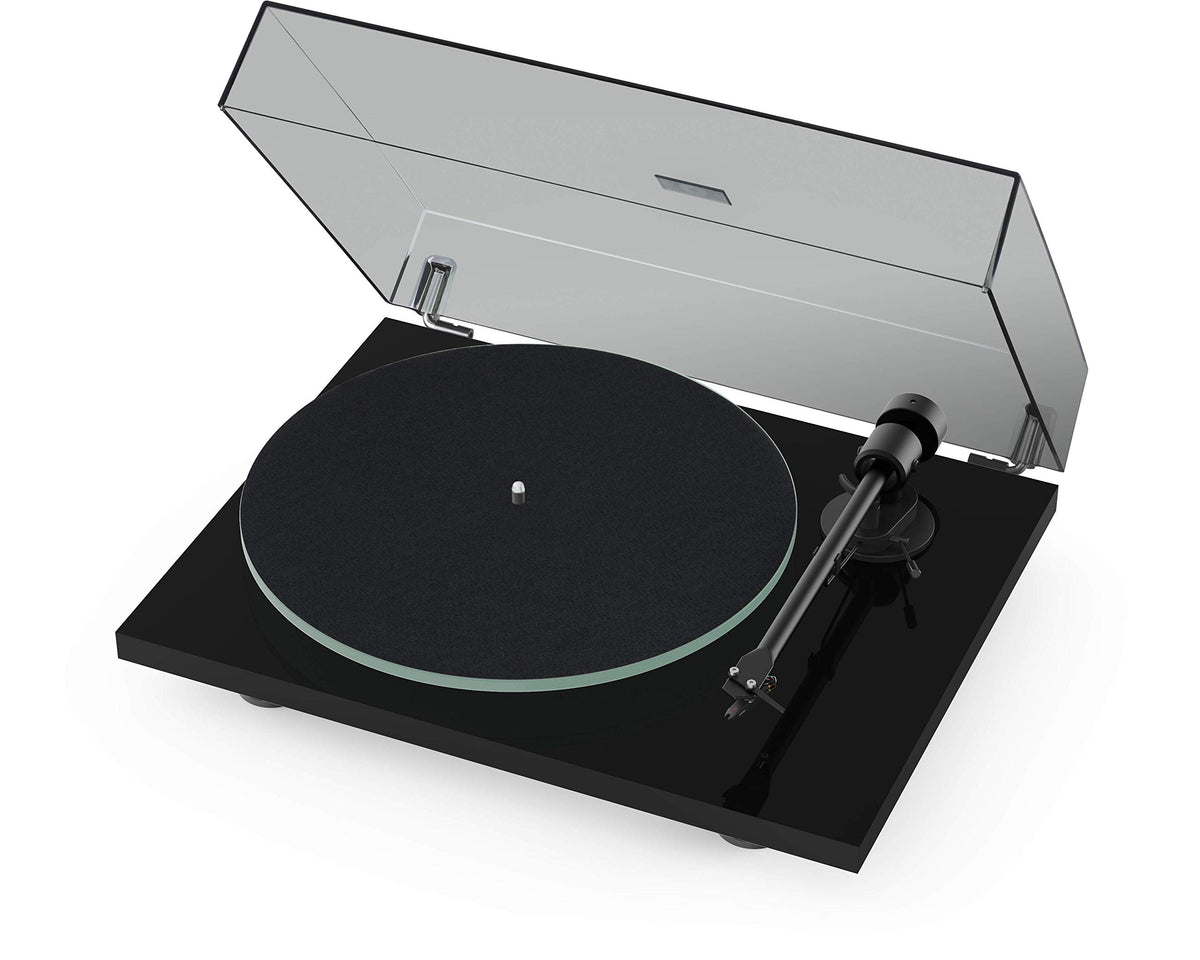 Pro-Ject T1 Evo top view shows sleek high-gloss finish for refined vinyl playback.